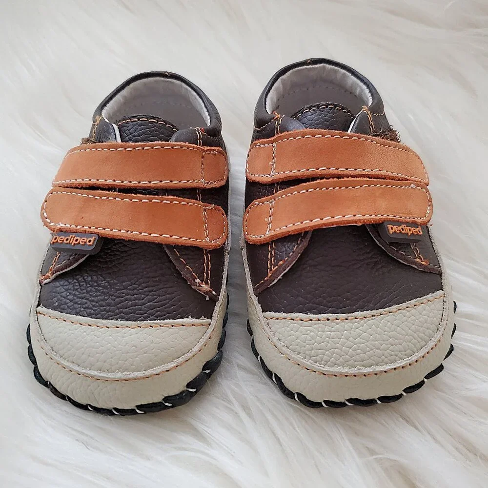 Pediped Brown Leather Soft Sole Velcro Handcrafted Shoes SZ 0-6M
